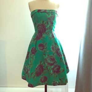 Betsy Johnson green and roses silk taffeta dress 0